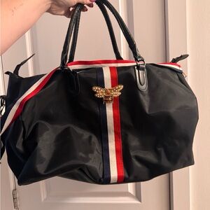Black Fake Designer Tote Bag with Red and White Stripes